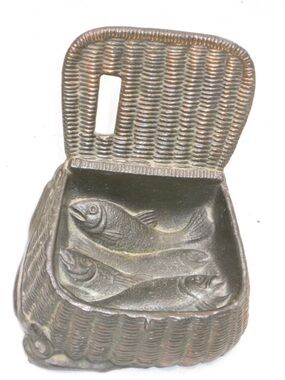 vintage antique ornate metal wicker basket fish detail cast pot iron ? decor